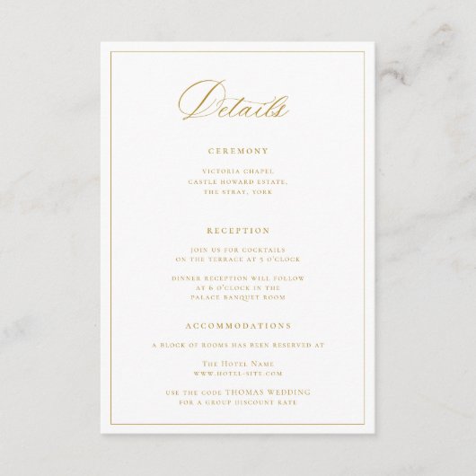 Carte D'accompagnement Regency Era Dark Gold Détails du Mariage (Devant)