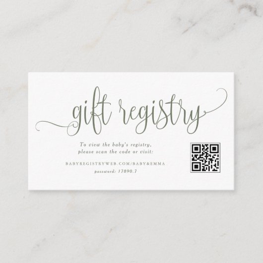 Carte D'accompagnement Registre de code QR du Baby shower de script vert (Devant)