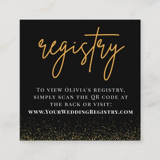 Carte D'accompagnement Registre du code QR romantique Mariage noir et or (Devant)