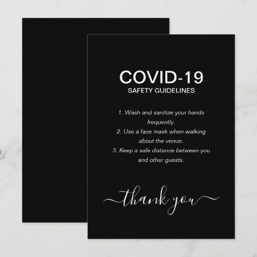 Carte D'accompagnement Règles de sécurité Covid de mariage simples en noi (Devant / Derrière)
