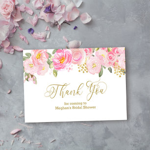 Carte D'accompagnement Remerciement de calligraphie dorée et fleurs rose 