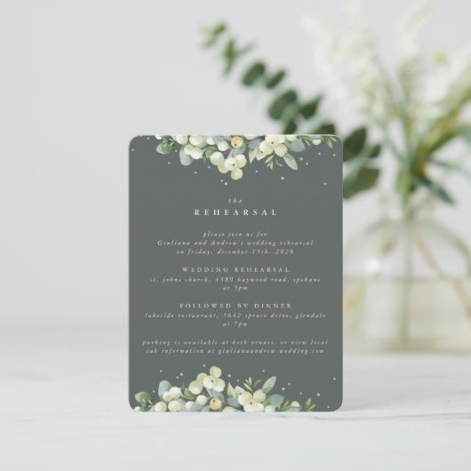 Carte D'accompagnement Répétition Mariage à bordure verte Snowberry+Eucal (Debout devant)