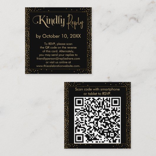 Carte D'accompagnement Répondre Festive Confetti QR Code sur Noir (Devant / Derrière)
