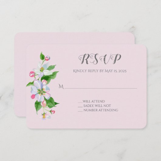 Carte D'accompagnement réponse de mariage à fleur de pommier sur fond ros (Devant / Derrière)