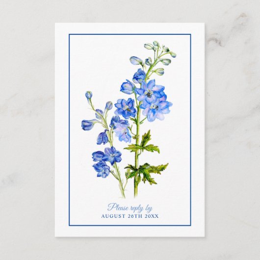 Carte D'accompagnement Réponse mariage frontière fleurs de delphinium ble (Devant)