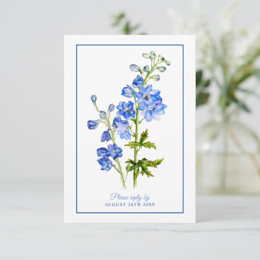 Carte D'accompagnement Réponse mariage frontière fleurs de delphinium ble (Debout devant)