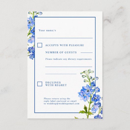 Carte D'accompagnement Réponse mariage frontière fleurs de delphinium ble (Dos)