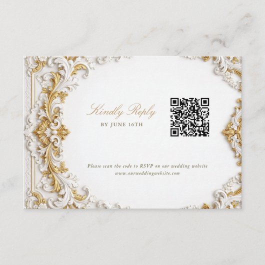 Carte D'accompagnement Réponse victorienne or et blanc avec code QR (Devant)