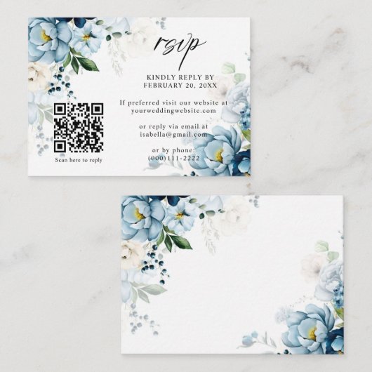 Carte D'accompagnement Retro Blue Navy Cream Floral QR Code Mariage RSVP (Devant / Derrière)