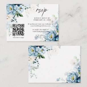 Carte D'accompagnement Retro Blue Navy Cream Floral QR Code Mariage RSVP