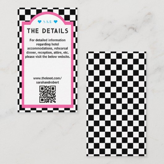Carte D'accompagnement Retro Checkerboard Rose Bleu Noir & Blanc Détails (Devant / Derrière)