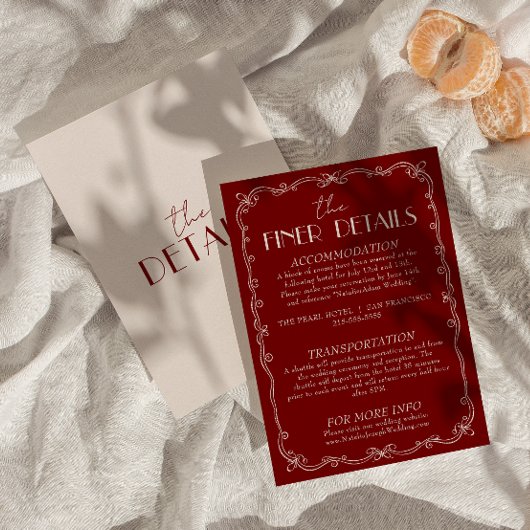 Carte D'accompagnement Retro Deep Red Ivory Old Money Wedding Details 