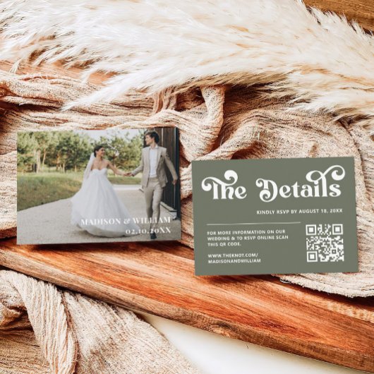 Carte D'accompagnement Retro les années 70 Sage Green Mariage Site Web Qr