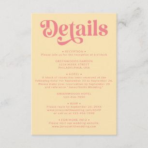 Carte D'accompagnement Retro Moderne rose et jaune Détails du Mariage