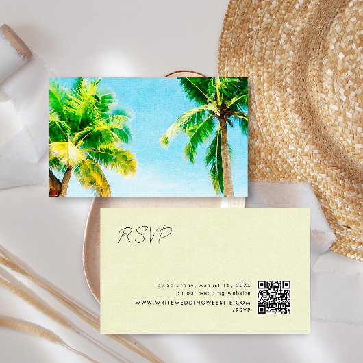 Carte D'accompagnement Retro Palm Trees Beach Wedding RSVP QR Code