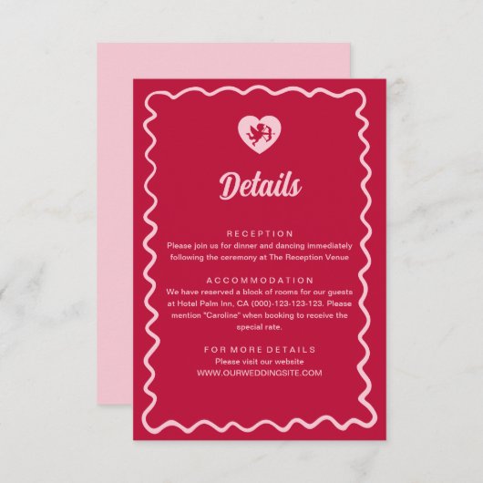 Carte D'accompagnement Retro Wavy Frame Red Pink Cupid Wedding Details (Devant / Derrière)
