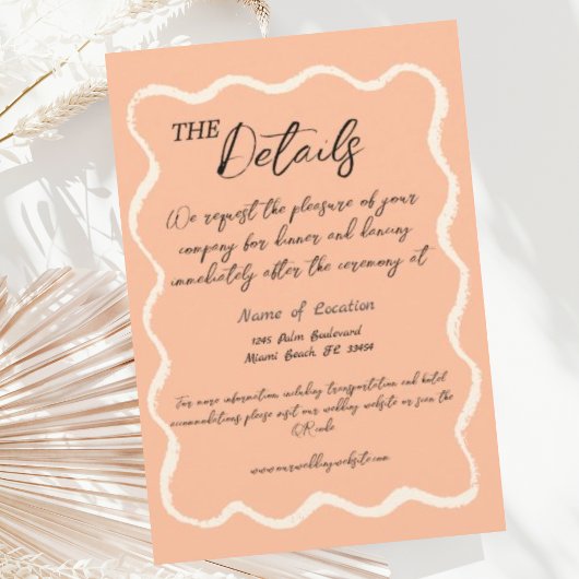 Carte D'accompagnement Retro Wavy Peach Détails du Mariage manuscrit
