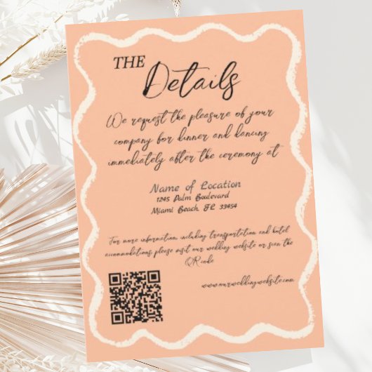Carte D'accompagnement Retro Wavy Peach Détails du Mariage manuscrit