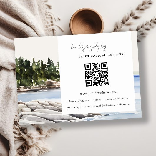 Carte D'accompagnement Rocky Pine Mountain Seascape Mariage QR Code RSVP