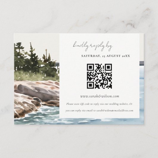 Carte D'accompagnement Rocky Pine Mountain Seascape Mariage QR Code RSVP (Devant)