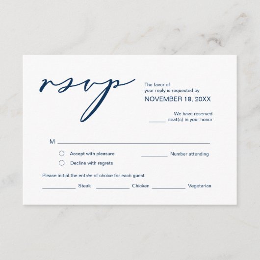 Carte D'accompagnement Romance, Marine Blue Calligraphy, Mariage RSVP (Devant)