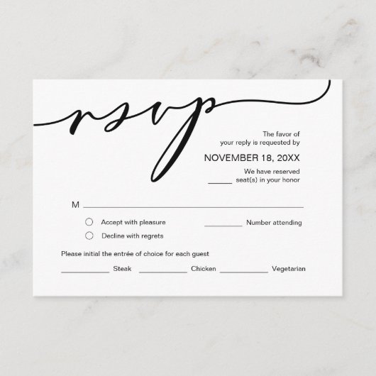 Carte D'accompagnement Romance moderne, Calligraphie noire, Mariage RSVP (Devant)