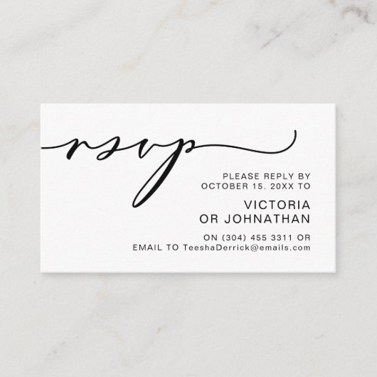 Carte D'accompagnement Romance moderne, Script noir, Mariage RSVP (Devant)