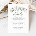 Carte D'accompagnement Romantic Boho Garden Fleur sauvage Détails Mariage<br><div class="desc">Partagez des informations mariages importantes avec cette carte de détails fleur sauvage aquarelle élégante, qui comprend un spray de fleurs peintes à la main en rose, violet, bleu et jaune doux. L'aménagement moderne et propre est conçu avec trois sections personnalisables, parfaites pour inclure vos détails de réception, informations sur l'hébergement,...</div>