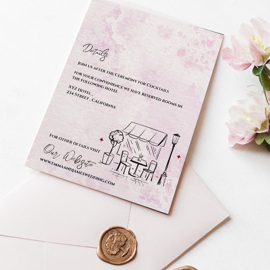 Carte D'accompagnement Romantic Café Sketch Blush Wedding Details