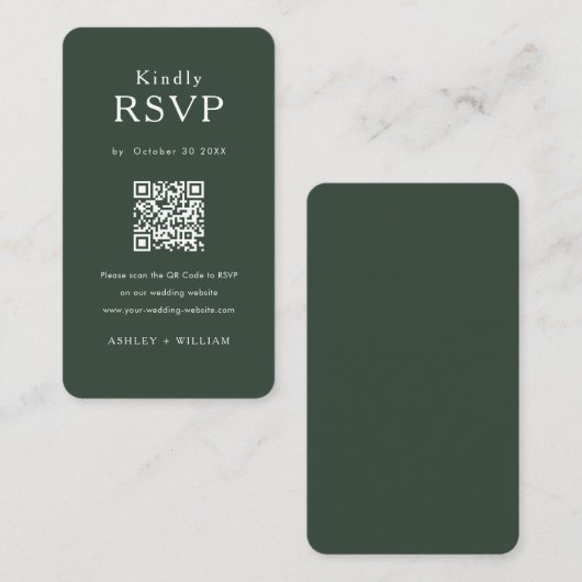Carte D'accompagnement Romantic Minimal Rsvp Qr Code Mariage Vert Forêt (Devant / Derrière)