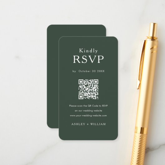 Carte D'accompagnement Romantic Minimal Rsvp Qr Code Mariage Vert Forêt (Devant/Arrière en situation)
