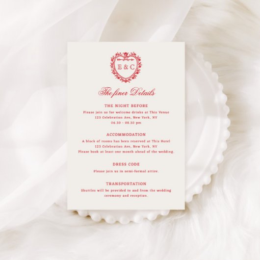 Carte D'accompagnement Romantic Red Vintage Monogram Crest Wedding