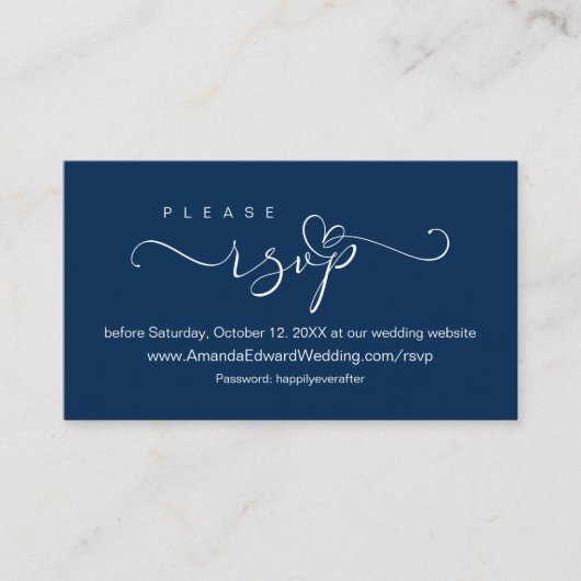Carte D'accompagnement Romantique, bleu marine, Mariage en ligne RSVP, ra (Devant)