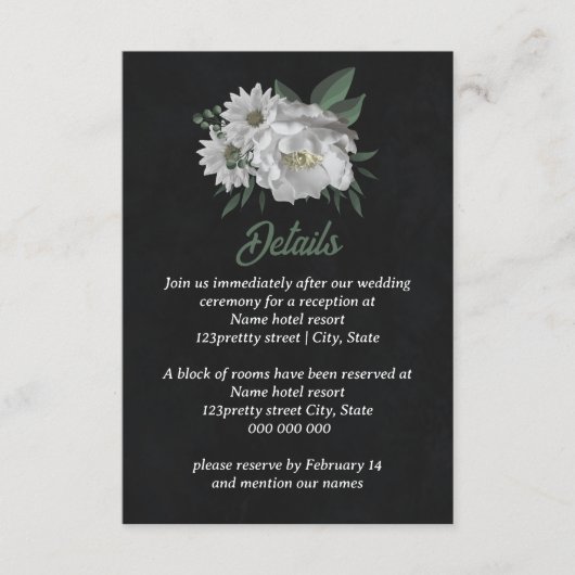 Carte D'accompagnement romantique fleurs blanches verdure noir (Devant)