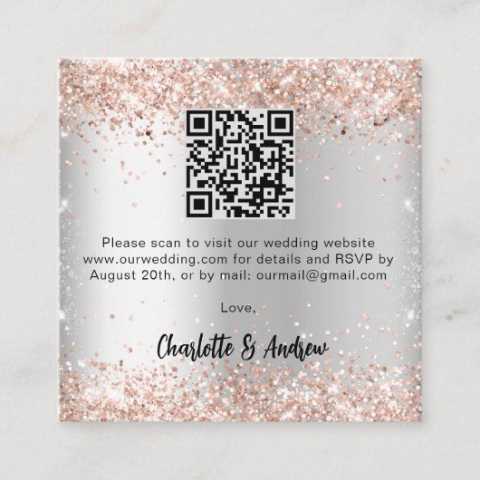 Carte D'accompagnement Rose argent or QR code mariage RSVP (Devant)