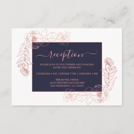 Carte D'accompagnement Rose Bleu Noir Chic Gold Floral Réception de maria (Devant)