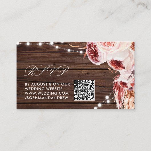 Carte D'accompagnement Rose bohémien Rustique Mariage de bois QR Code RSV (Devant)