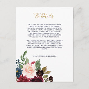 Carte D'accompagnement Rose de la marine Bourgogne Floral III Mariage