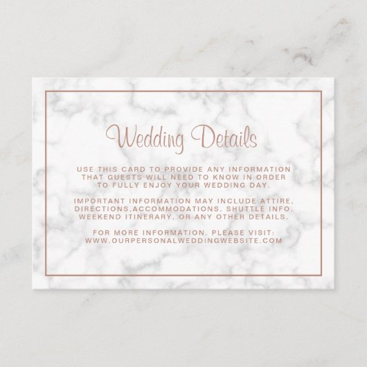 Carte D'accompagnement Rose en marbre moderne Gold Script Mariage Détails (Devant)