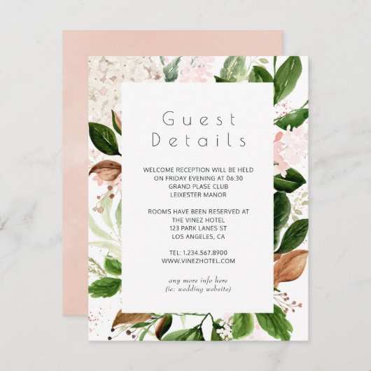 Carte D'accompagnement Rose Gold and Blush Greenery Mariage Détails du cl (Devant / Derrière)