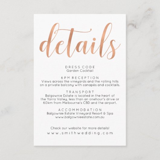 Carte D'accompagnement Rose Gold Boho Mariage Détails Info Card (Devant)