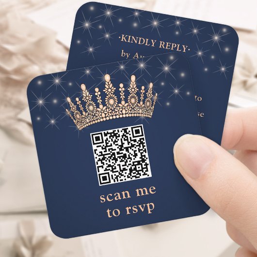 Carte D'accompagnement Rose Gold Crown QR Code RSVP Navy Blue Quinceañera