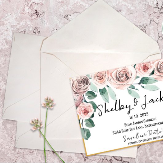 Carte D'accompagnement Rose Gold Floral Aquarelle Rose Enregistrer La Dat