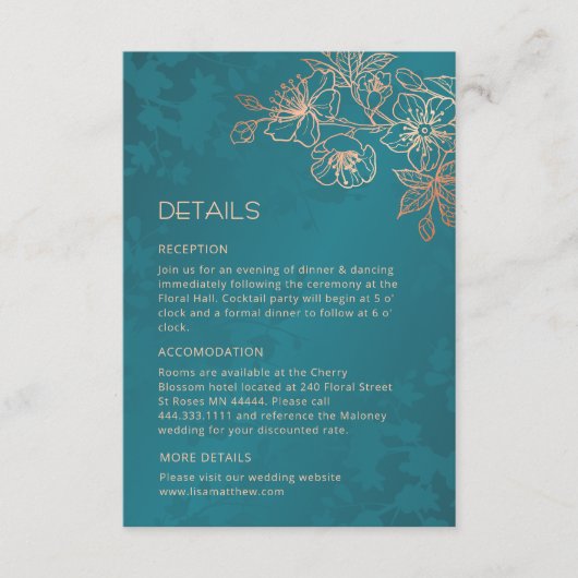Carte D'accompagnement Rose Gold Floral Line Art Teal Wedding (Devant)