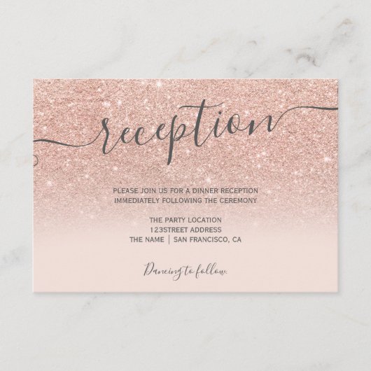 Carte D'accompagnement Rose gold pailleté ombre blush script de réception (Devant)