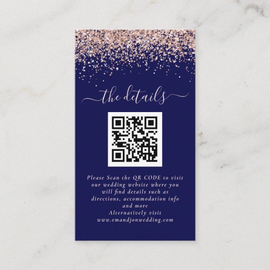 Carte D'accompagnement Rose Gold Parties scintillant QR Code Marine Détai (Devant)