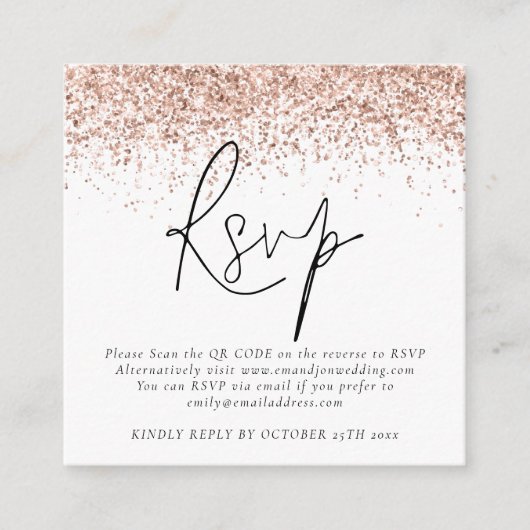 Carte D'accompagnement Rose Gold Parties scintillant QR Code Script Weddi (Devant)