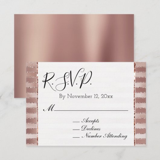 Carte D'accompagnement Rose Gold Rose Pâle Rayures Pailletées Mariage RSV (Devant / Derrière)