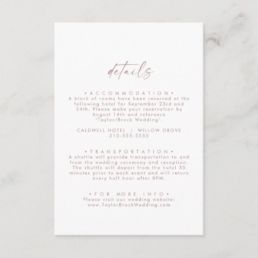 Carte D'accompagnement Rose moderne Gold Script Minimal Mariage Détails (Devant)
