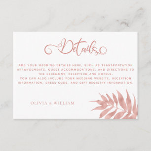 Carte D'accompagnement Rose moderne Gold Tropical Leaf Détails du Mariage